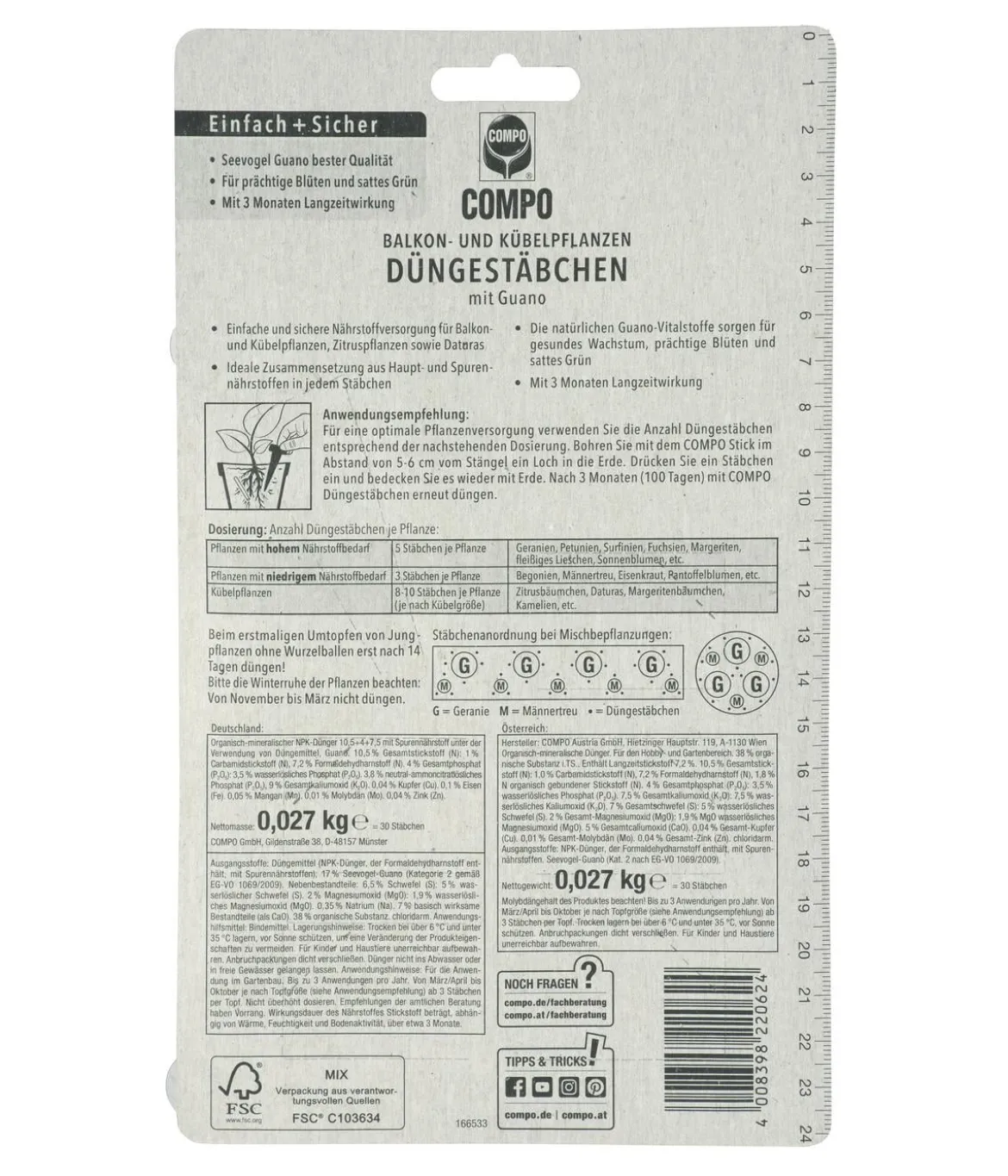 COMPO Düngestäbchen für Balkon- und Kübelpflanzen, 30 Stk.