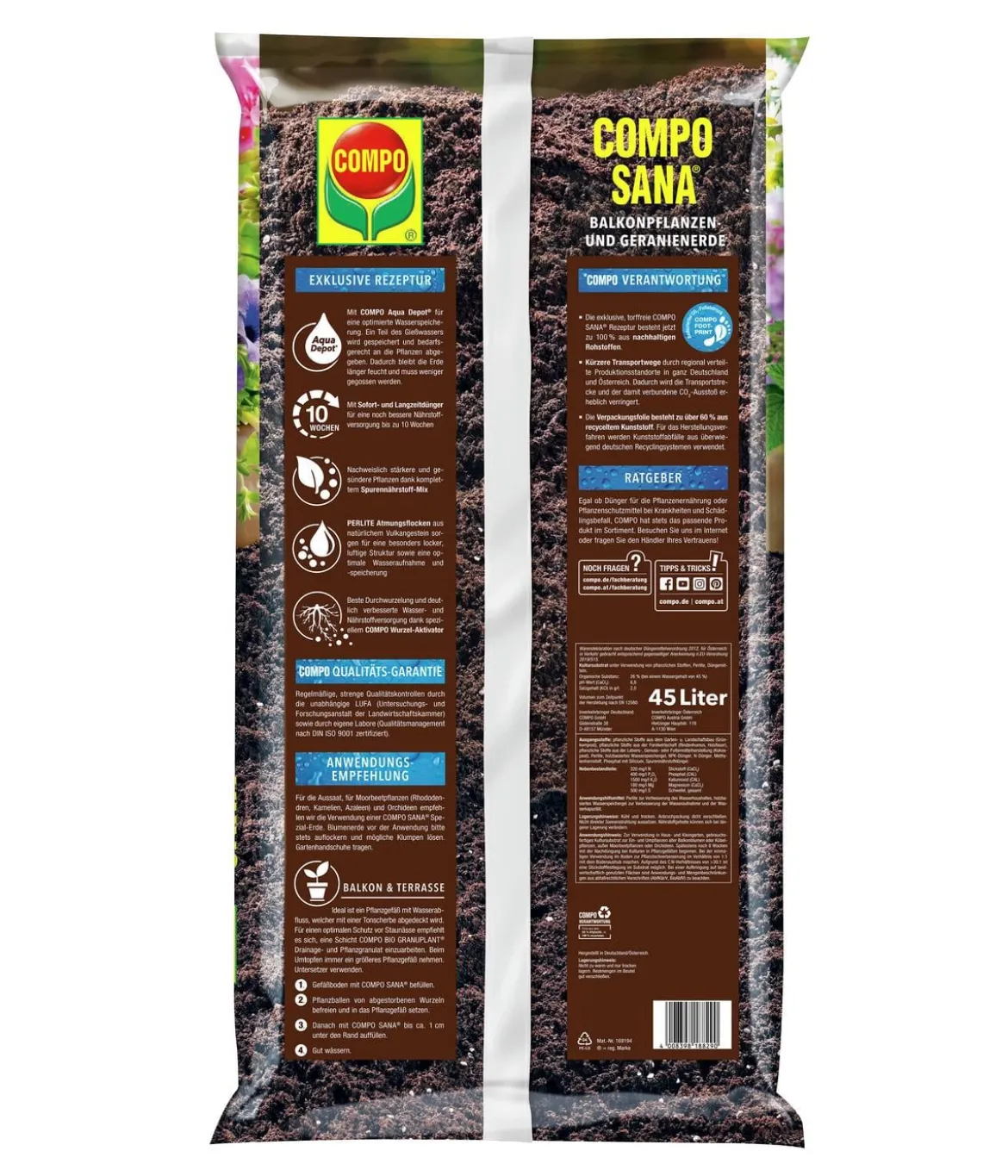 COMPO SANA® Balkonpflanzen- und Geranienerde, torffrei, 45 l