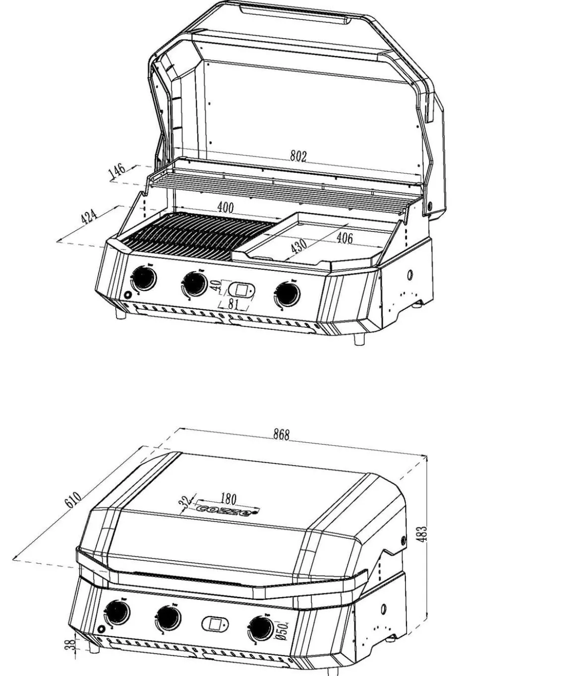 Cozze Gasgrill Plancha G-800 COMBI, ca. B85,5/H48,5/T61 cm