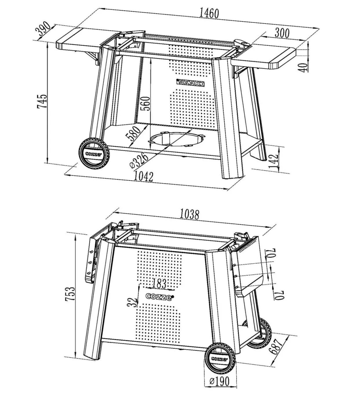 Cozze Grillwagen Premium XL für Plancha 800, ca. B146/H74,5/T70 cm