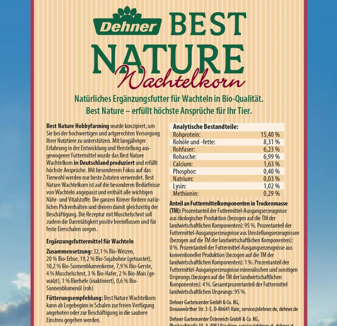 Dehner Best Nature Wachtelfutterergänzung Bio Wachtelkorn