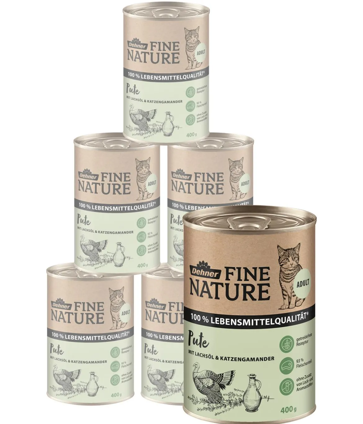 Dehner Fine Nature Nassfutter für Katzen Adult, Pute mit Lachsöl & Katzengamander