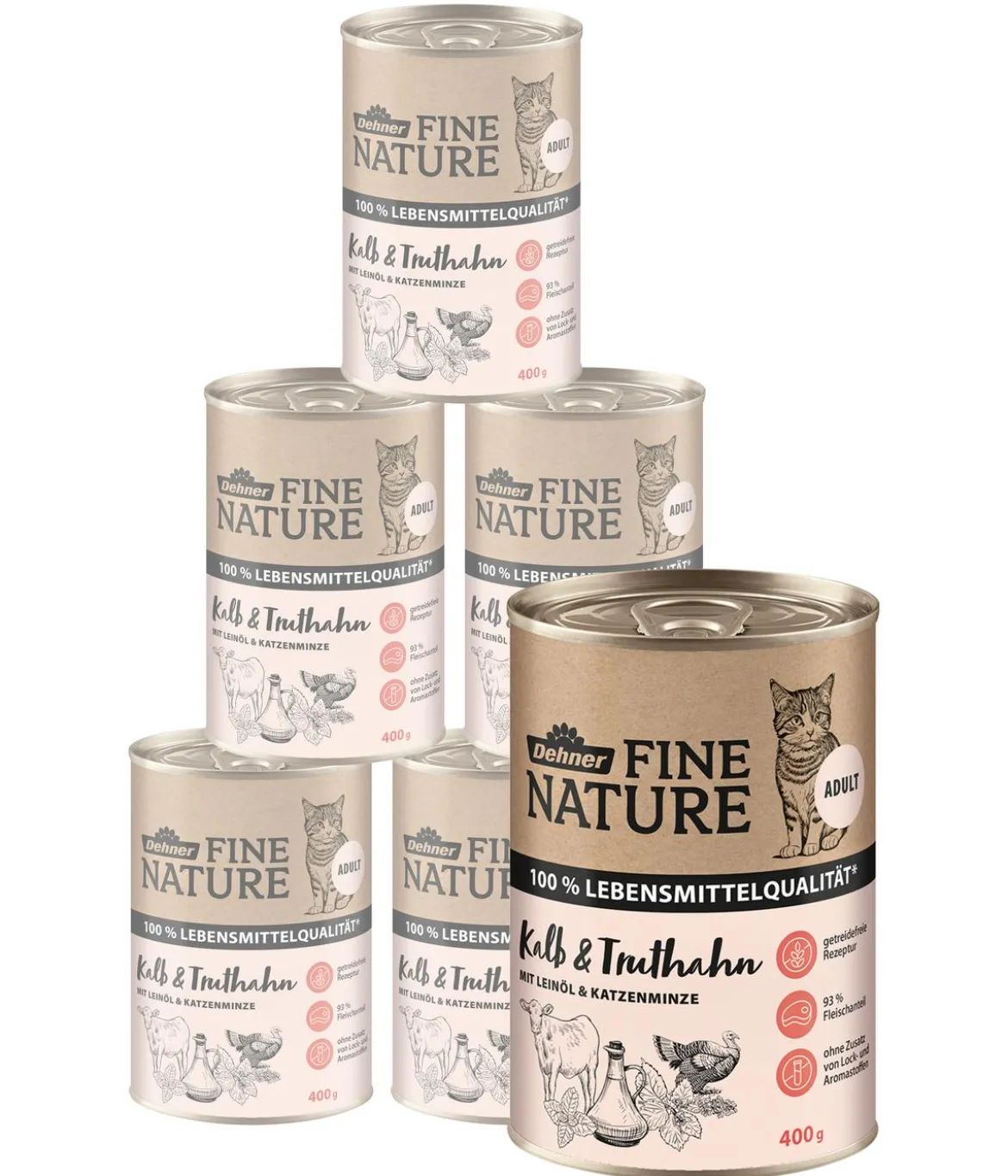 Dehner Fine Nature Nassfutter für Katzen Adult, Kalb & Truthahn mit Leinöl & Katzenminze