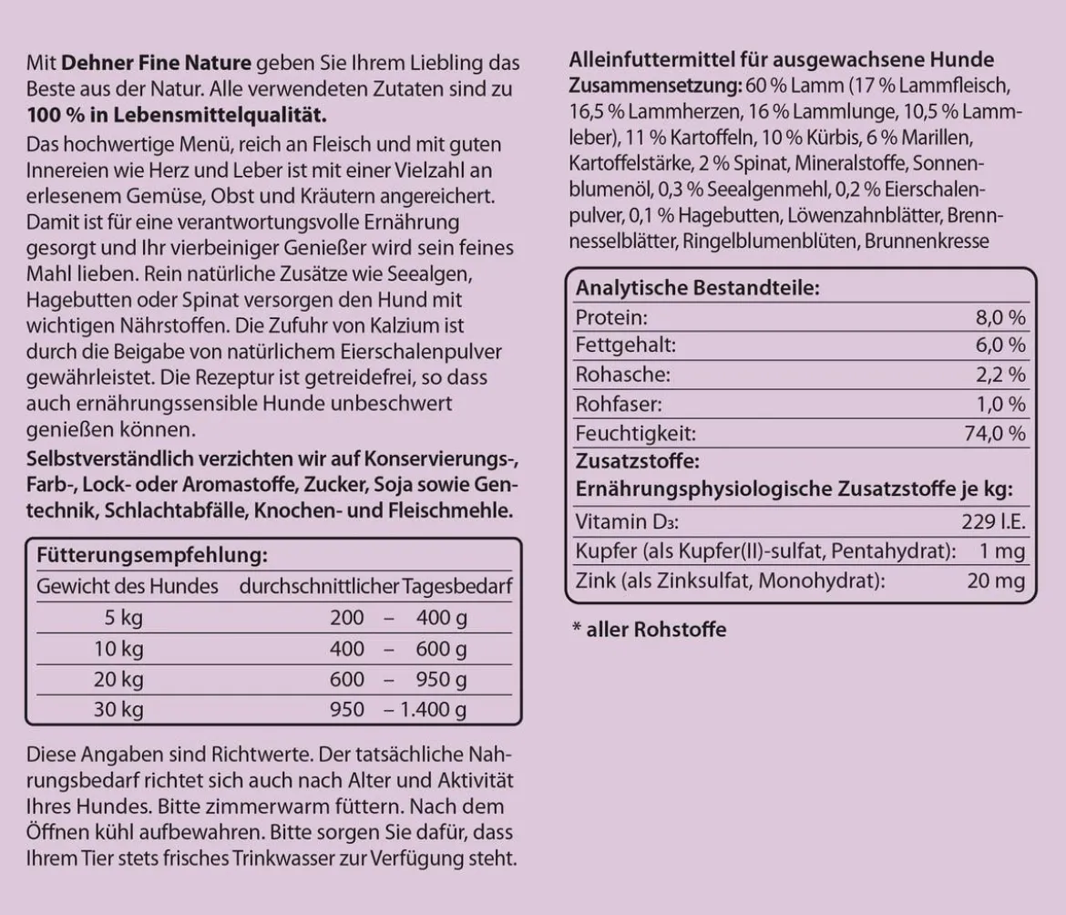 Dehner Fine Nature Nassfutter für Hunde Adult, Lamm mit Kartoffeln, Kürbis & Spinat