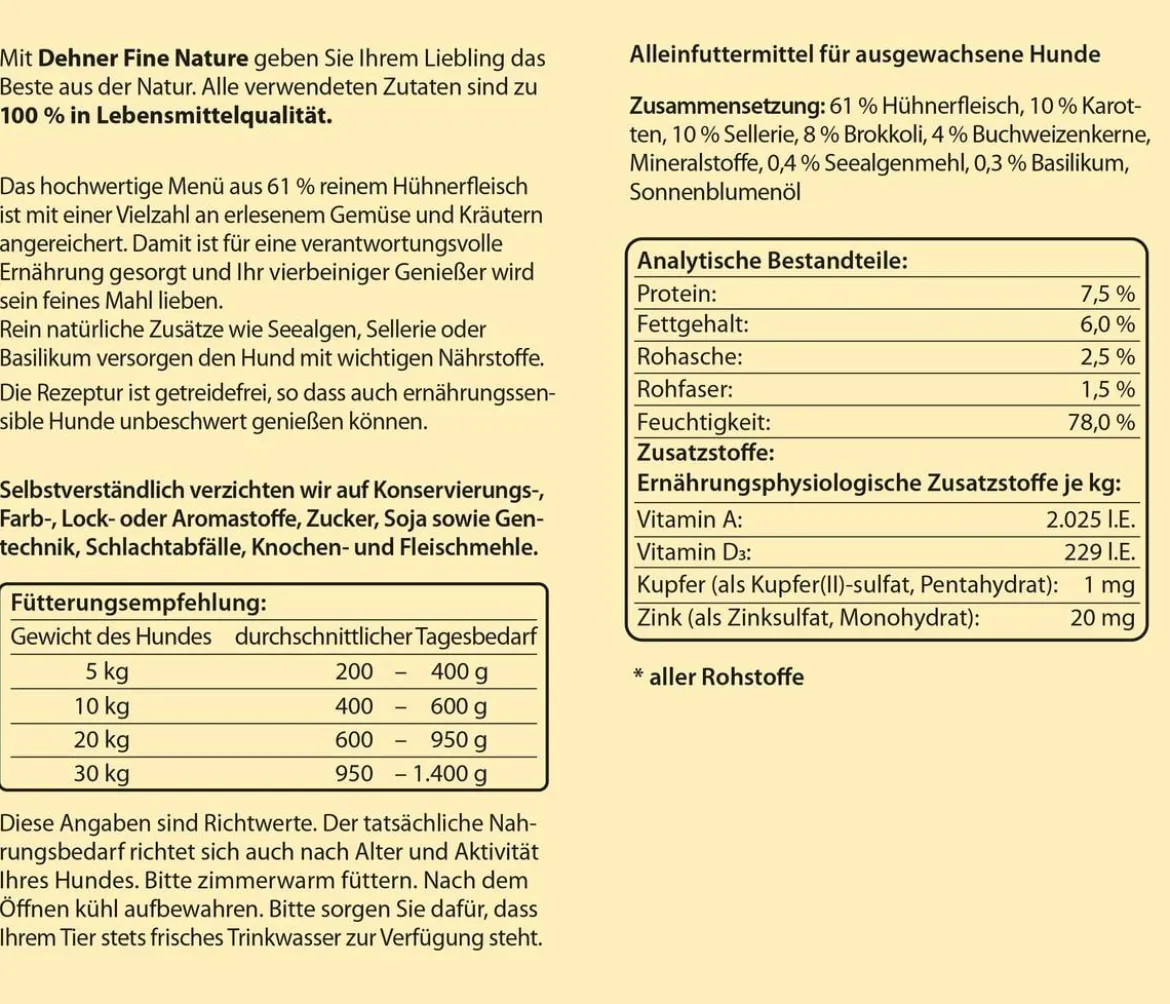 Dehner Fine Nature Nassfutter für Hunde Adult, Huhn mit Karotten, Brokkoli & Basilikum