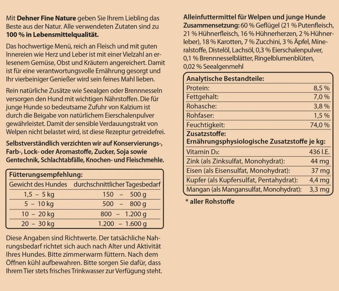 Dehner Fine Nature Nassfutter für Hunde Junior, Geflügel mit Zucchini, Apfel & Eierschalenpulver
