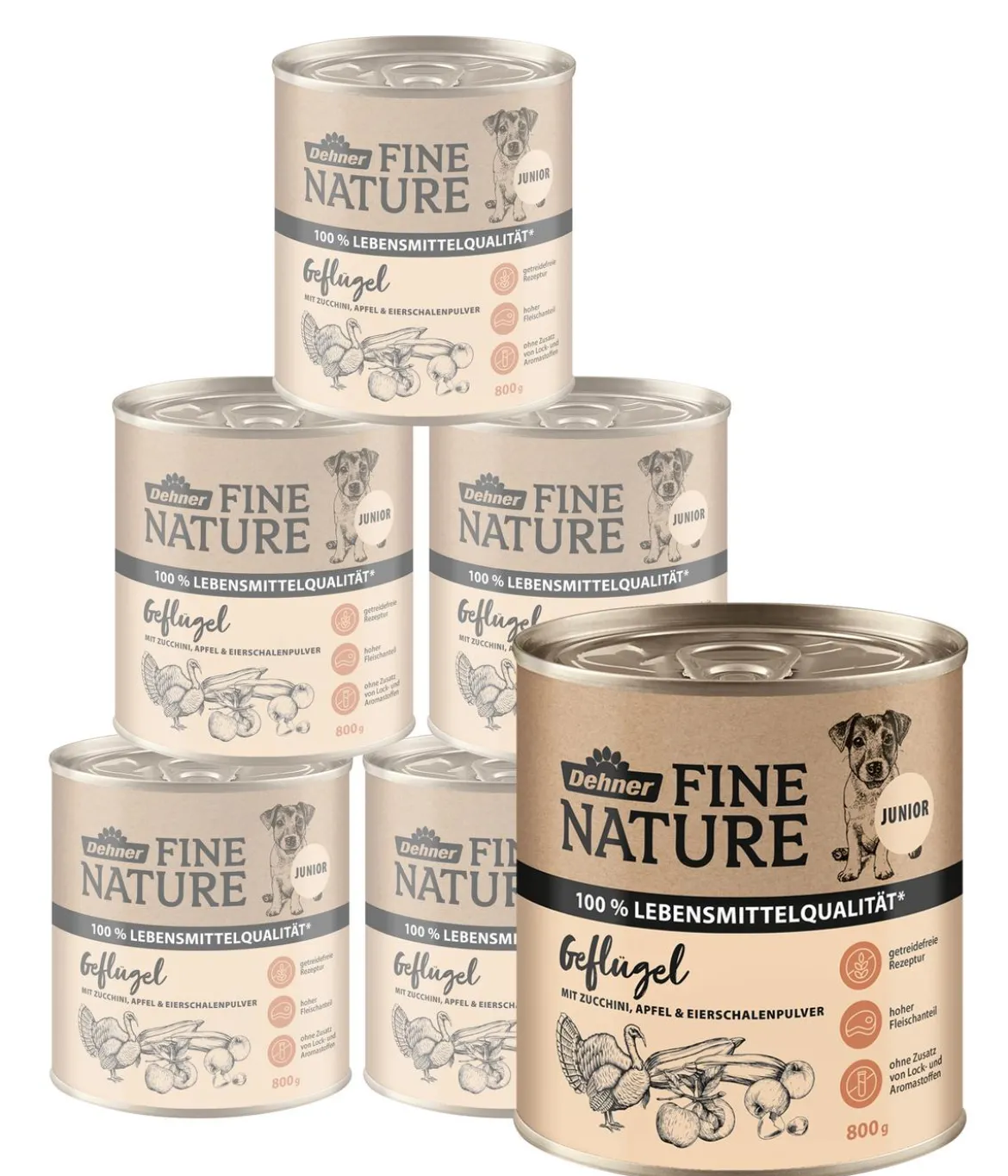 Dehner Fine Nature Nassfutter für Hunde Junior, Geflügel mit Zucchini, Apfel & Eierschalenpulver