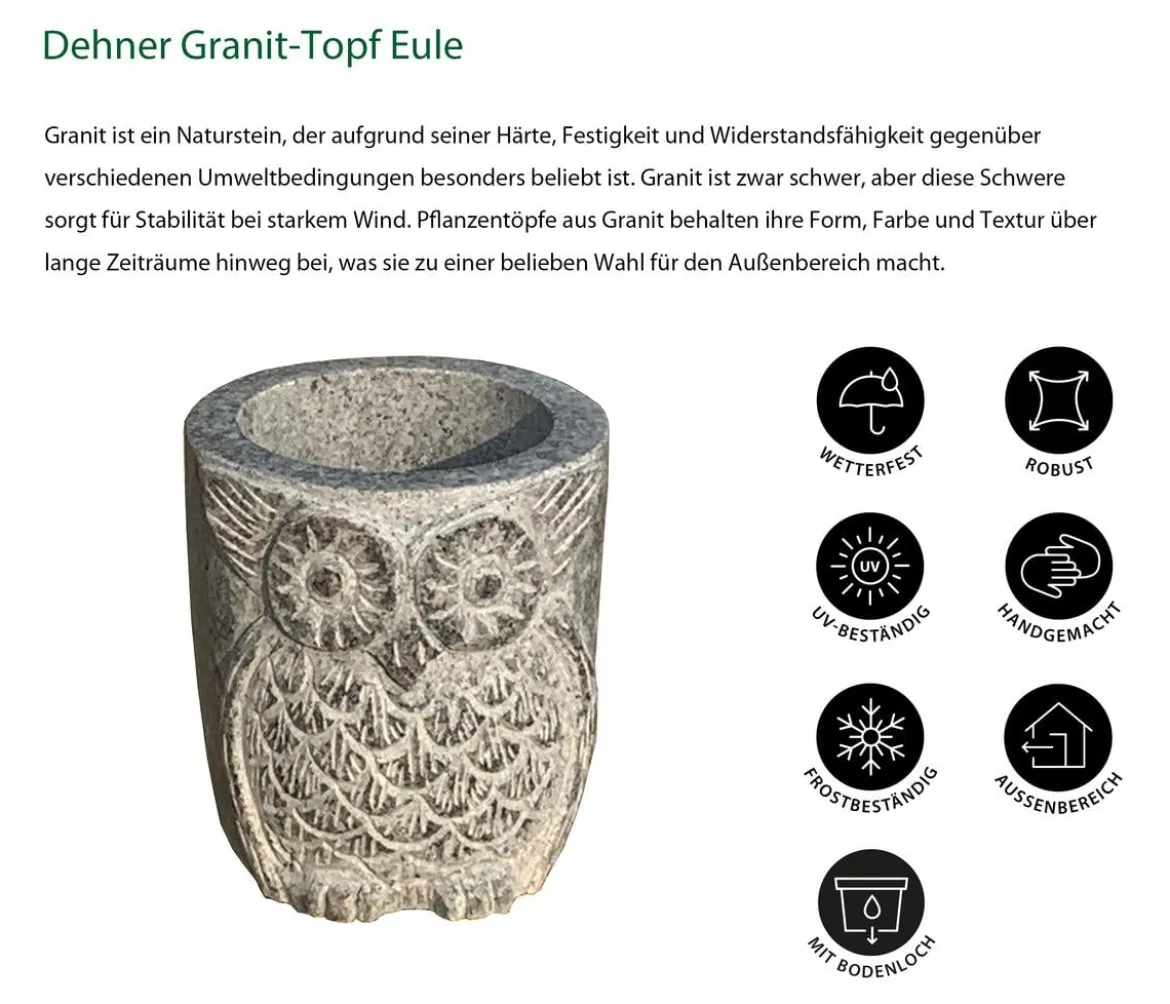 Dehner Granit-Topf Eule, rund, grau, ca. Ø20/H22 cm