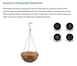 Dehner Gusseisen-Hängeampel Katalonien mit Kokoseinlage, rund, rost, ca. Ø30/H15 cm