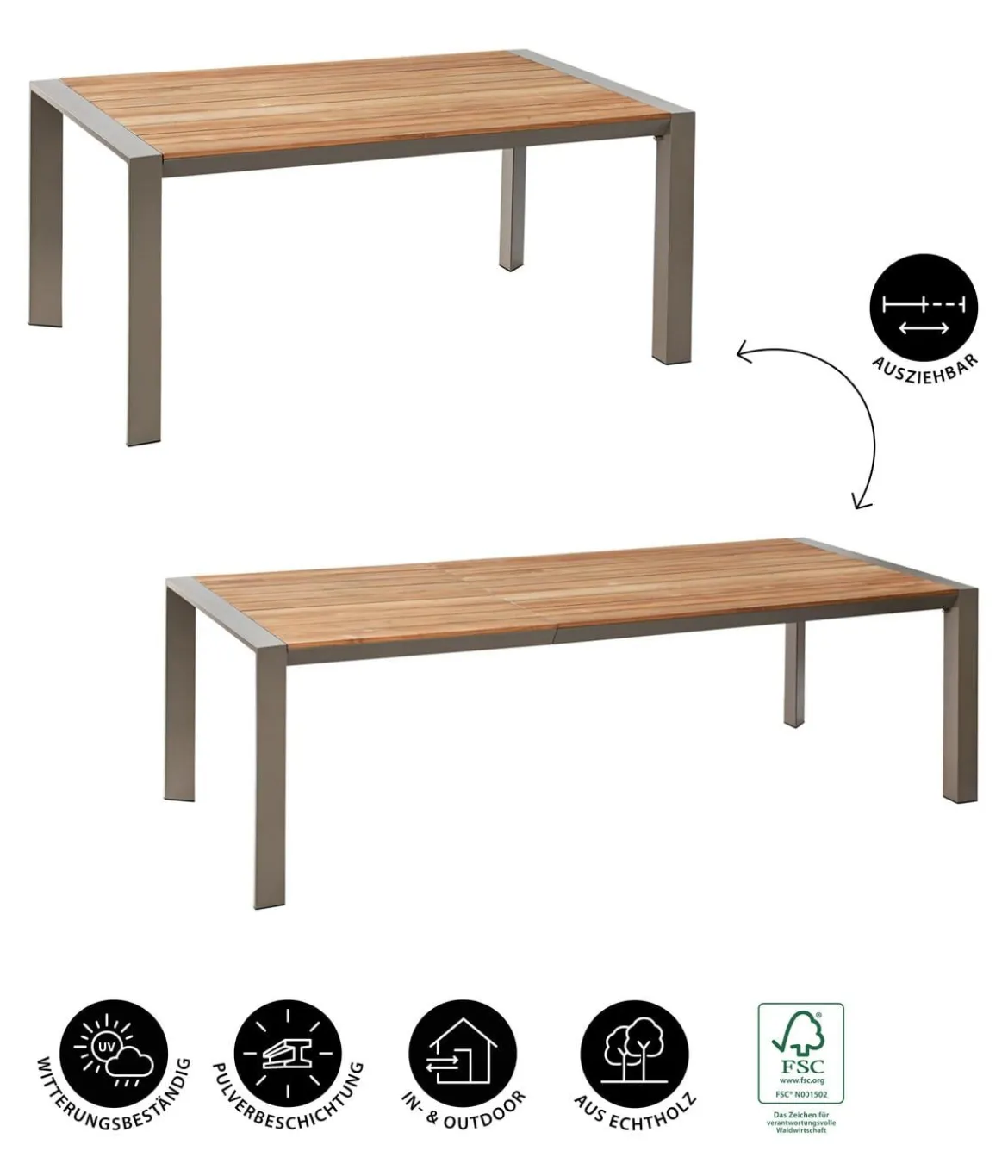 Dehner Holz-Ausziehtisch Cleveland, ca. B160-240/H76/T101 cm