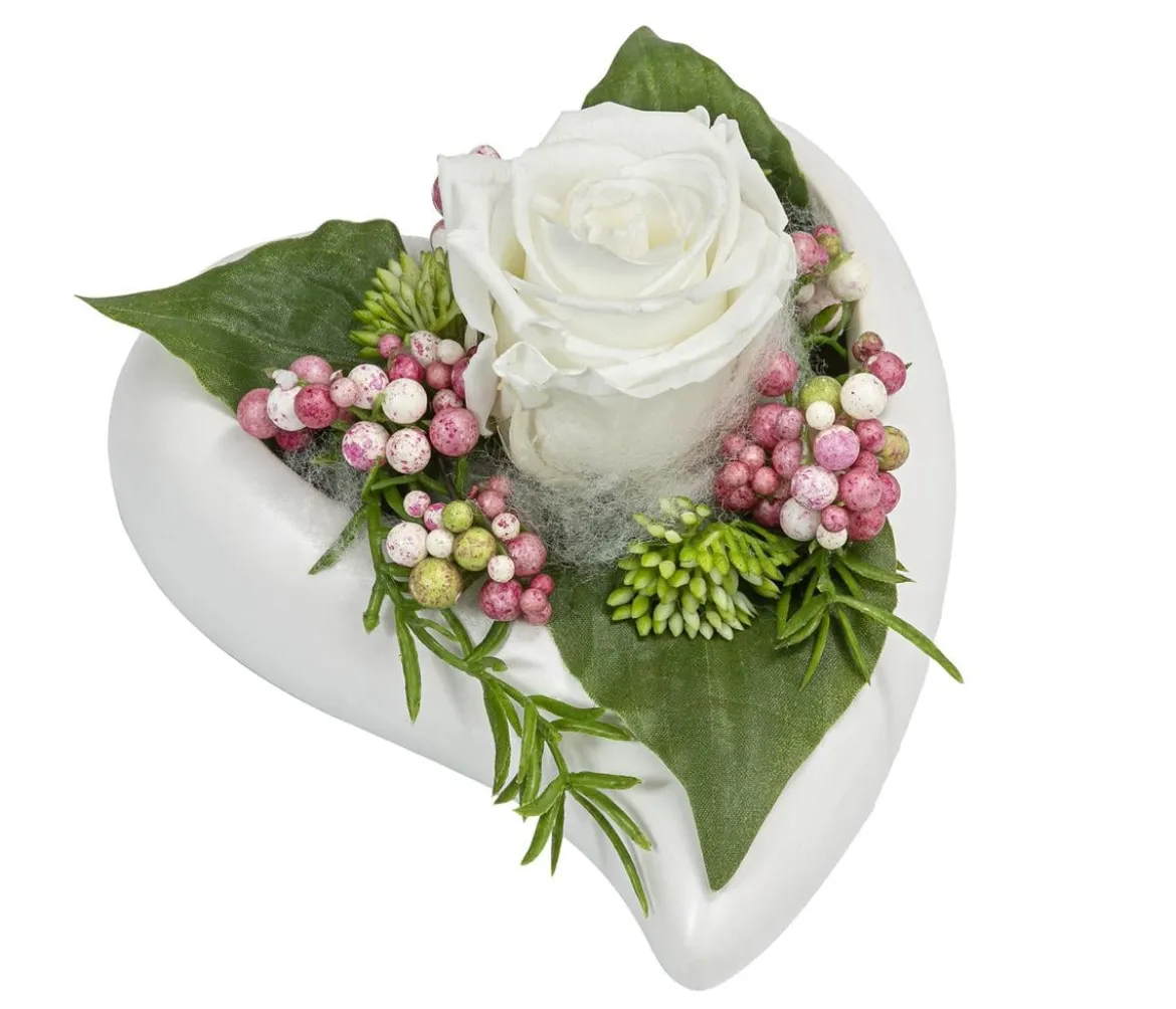 Dehner Keramik-Herz mit Longlife-Rose Cleo, weiß, ca. B17/H10/T17 cm