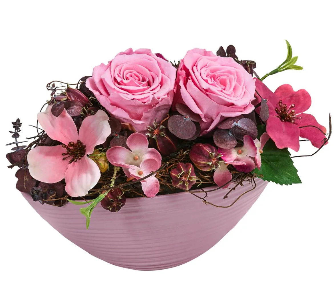 Dehner Keramik-Jardiniere mit Longlife-Rose Juna, rosa, ca. B23/H15/T12 cm
