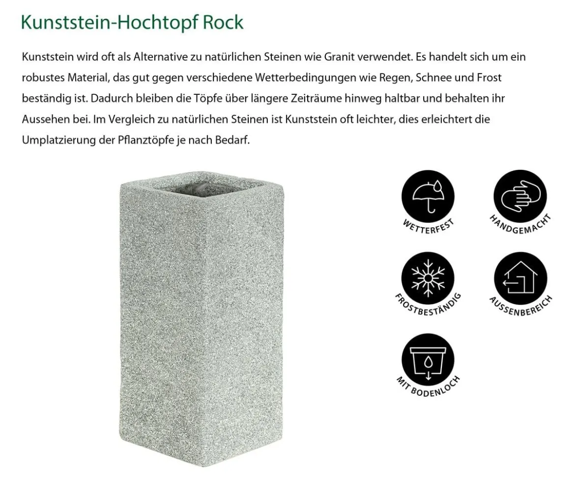 Dehner Kunststein-Hochtopf Rock, quadratisch, grau