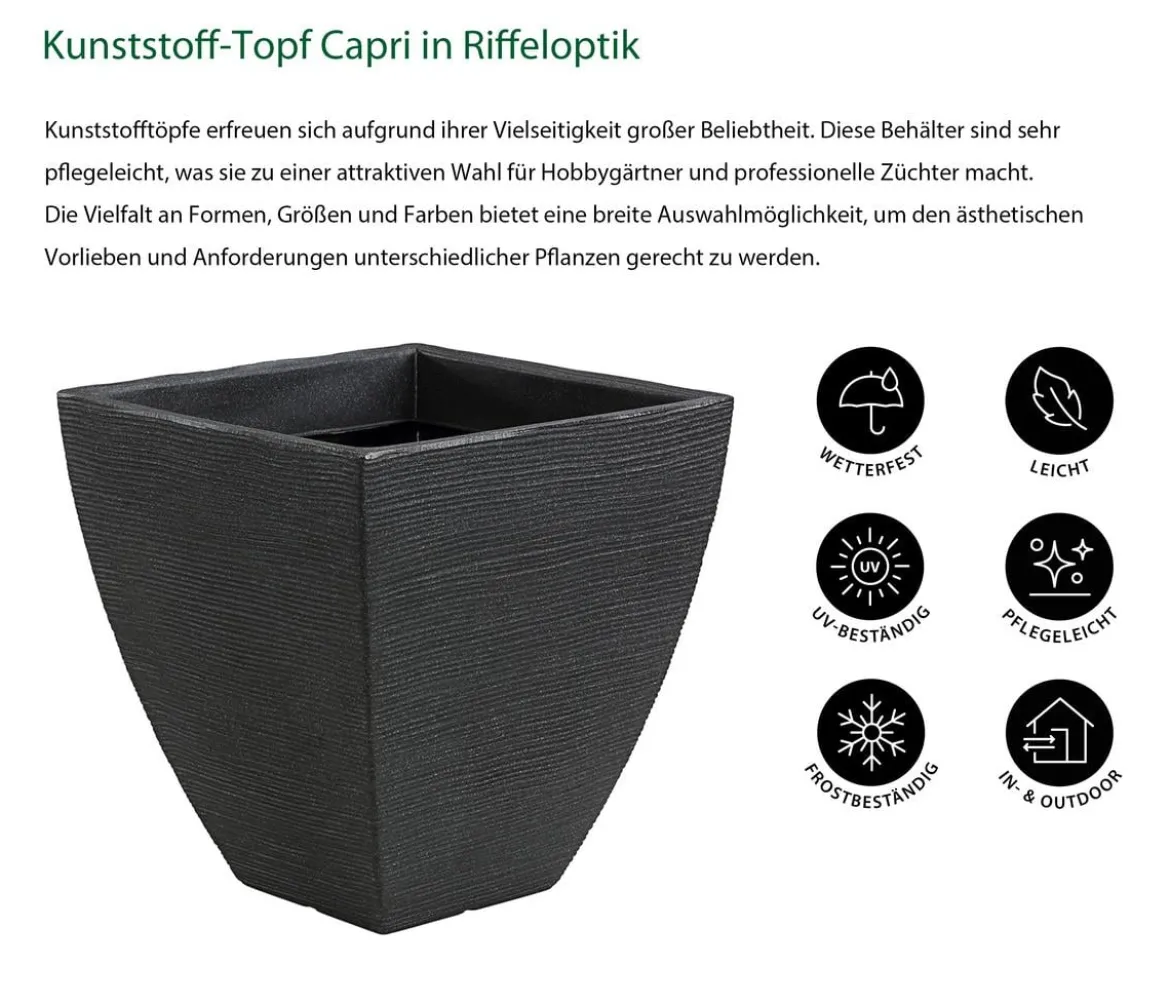 Dehner Kunststoff-Topf Capri in Riffeloptik, konisch, anthrazit, ca. B40/H42/T40 cm