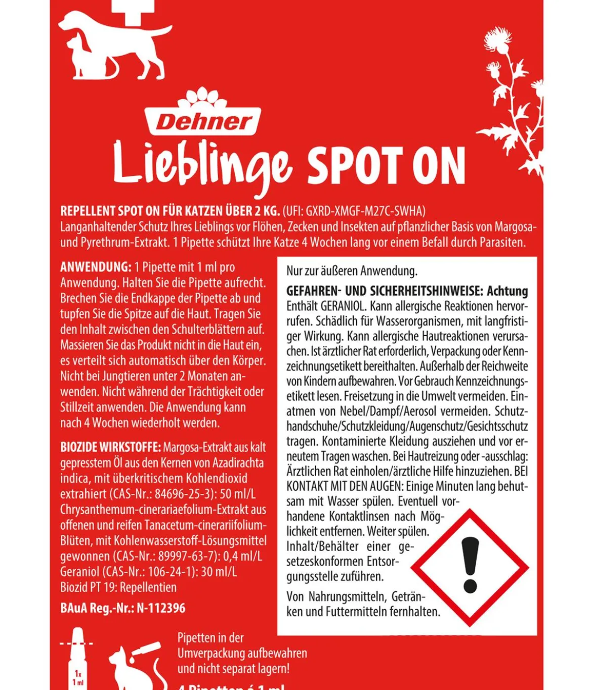 Dehner Lieblinge Floh- und Zeckenschutz Spot On für Katzen, 4 x 1 ml