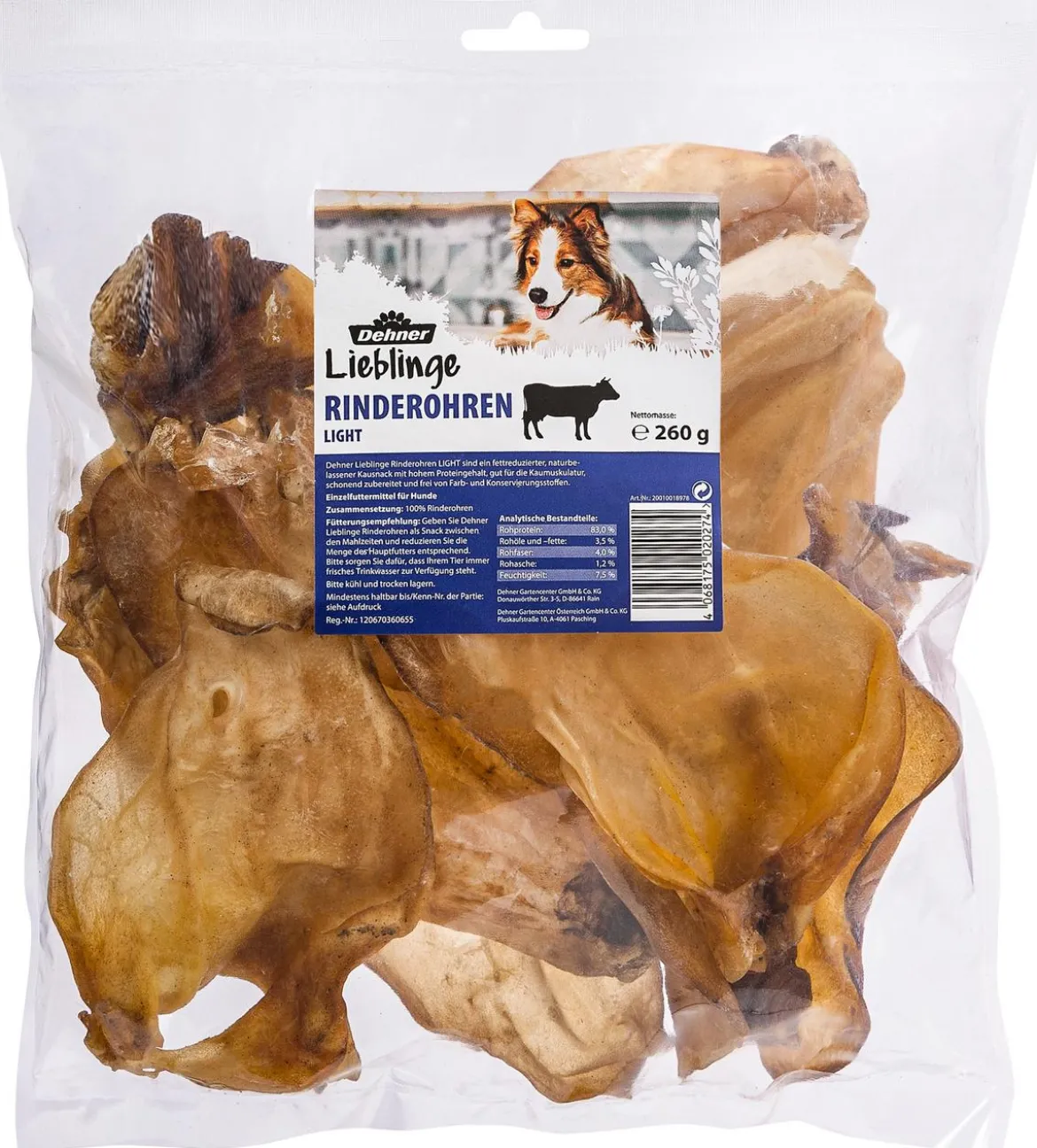 Dehner Lieblinge Hundesnack Rinderohren Light, 260 g