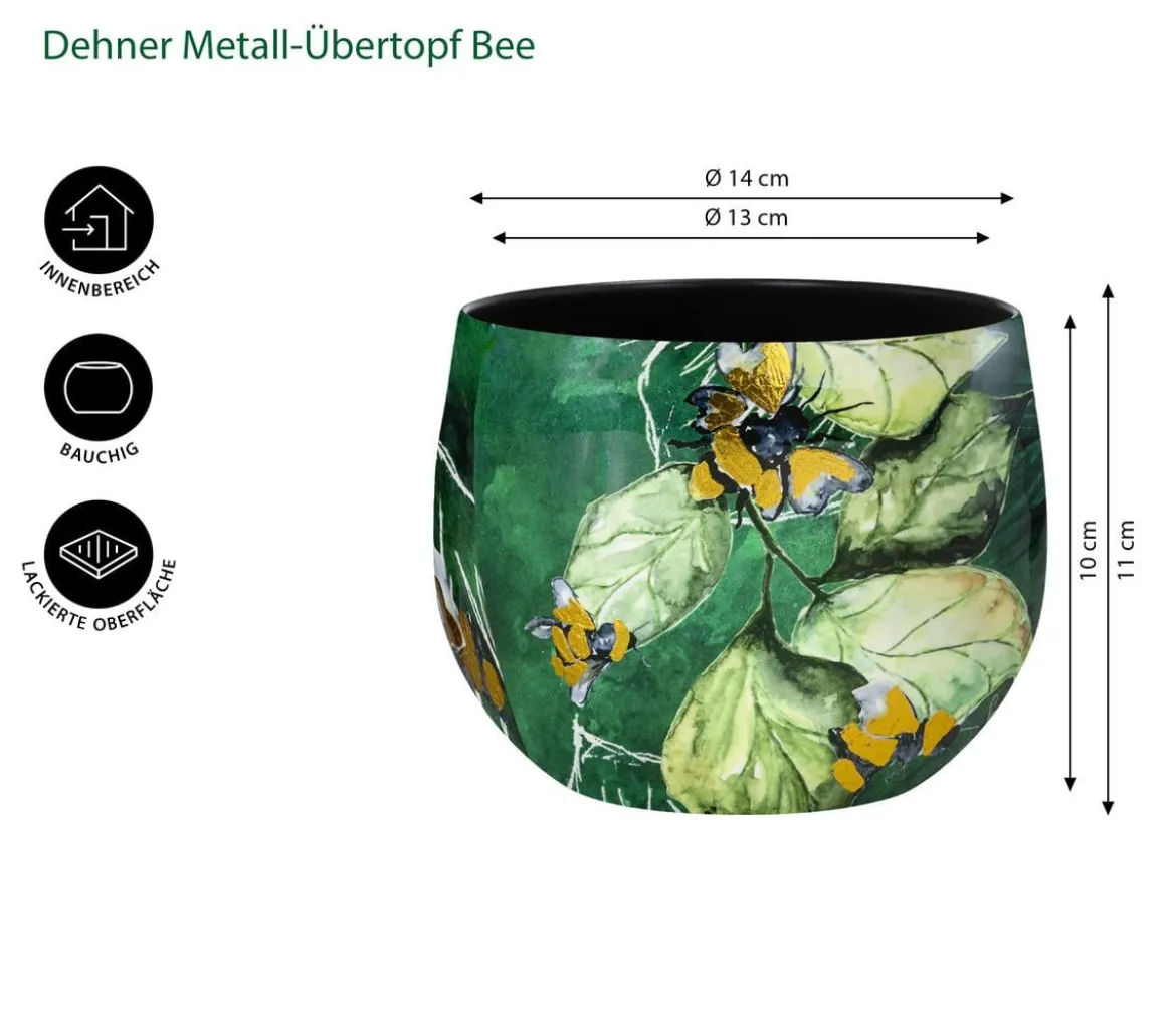 Dehner Metall-Übertopf Bee, bauchig, grün/gold