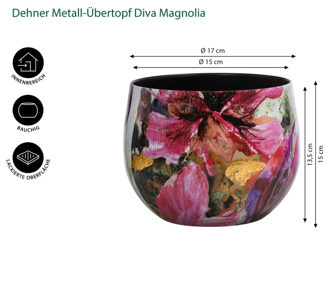 Dehner Metall-Übertopf Diva Magnolia, bauchig, bunt