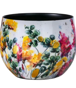 Dehner Metall-Übertopf Floral, bauchig, weiß/bunt