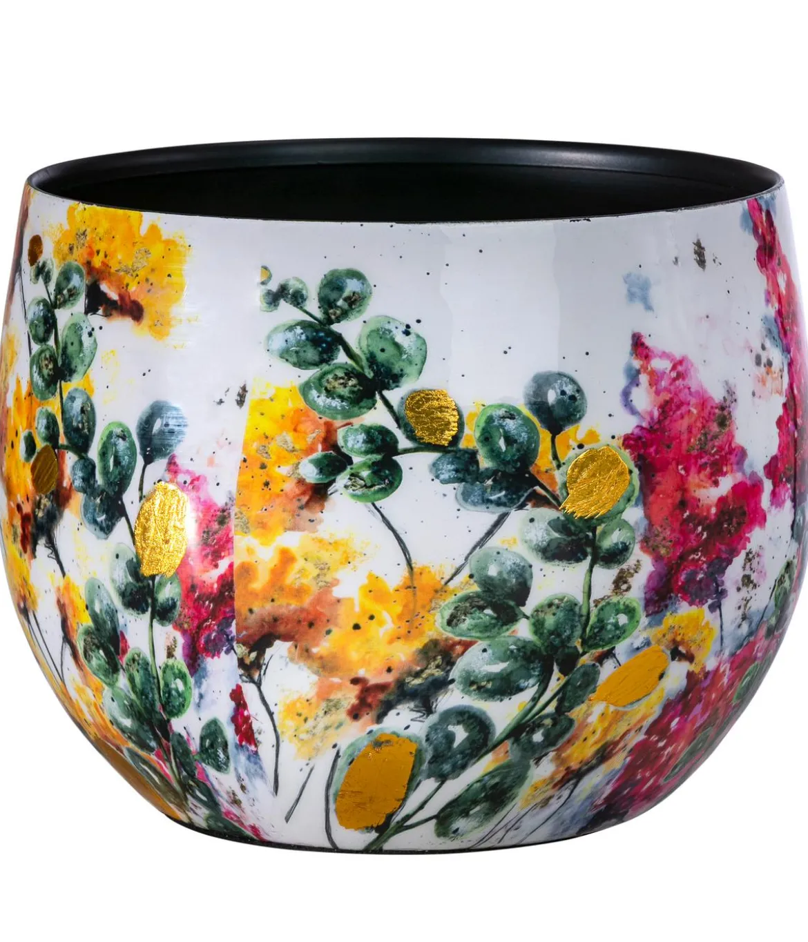 Dehner Metall-Übertopf Floral, bauchig, weiß/bunt