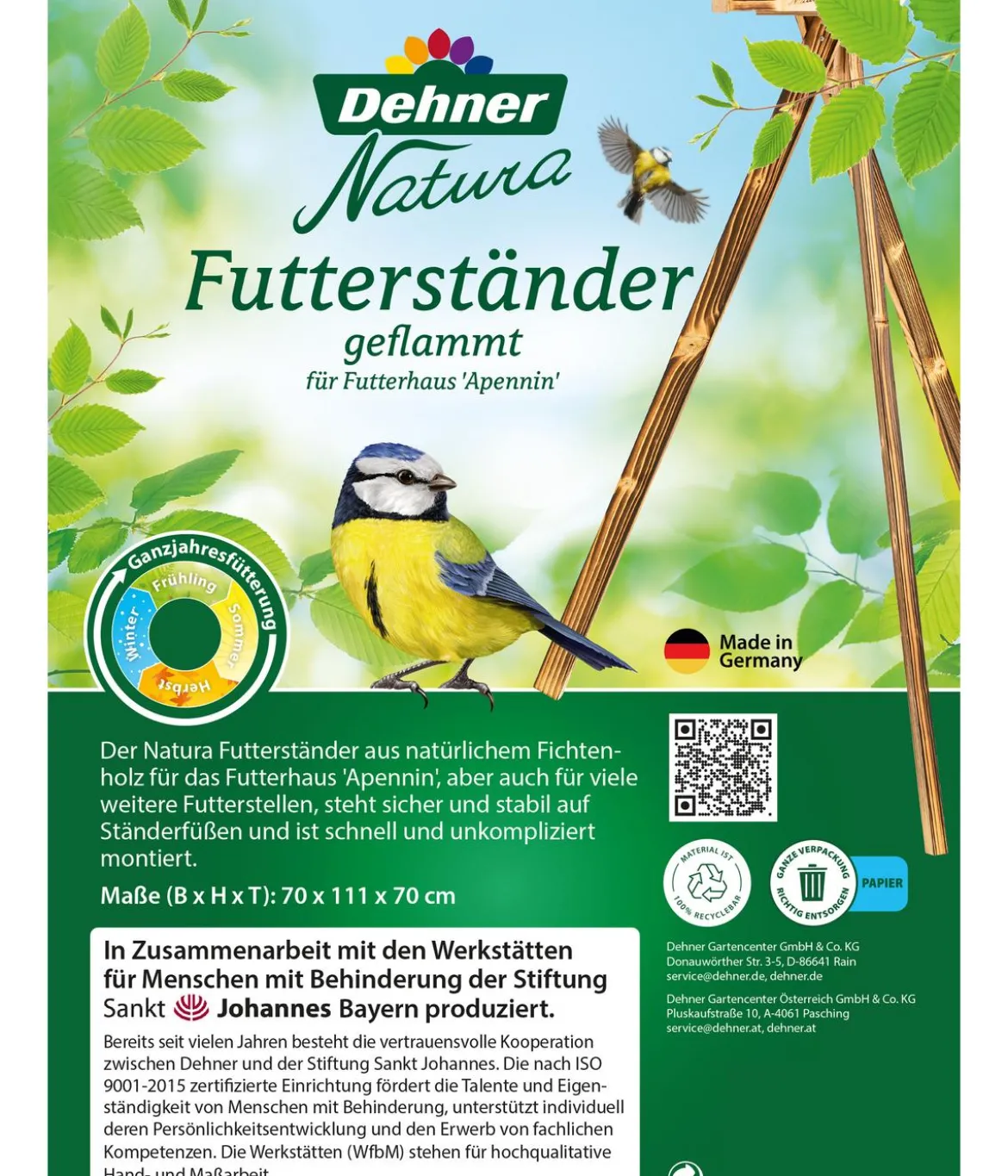Dehner Natura Premium Futterhaus Apennin, geflammt, inkl. Ständer, ca. B70/H134,5/T70 cm