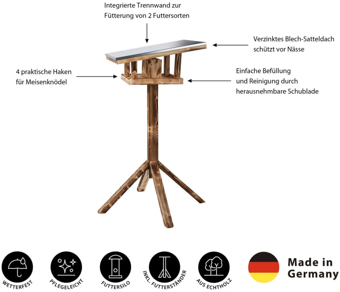 Dehner Natura Premium Futterhaus Rofan, geflammt, inkl. Ständer Alpstein, ca. B84,3/H129,7/T84,3 cm