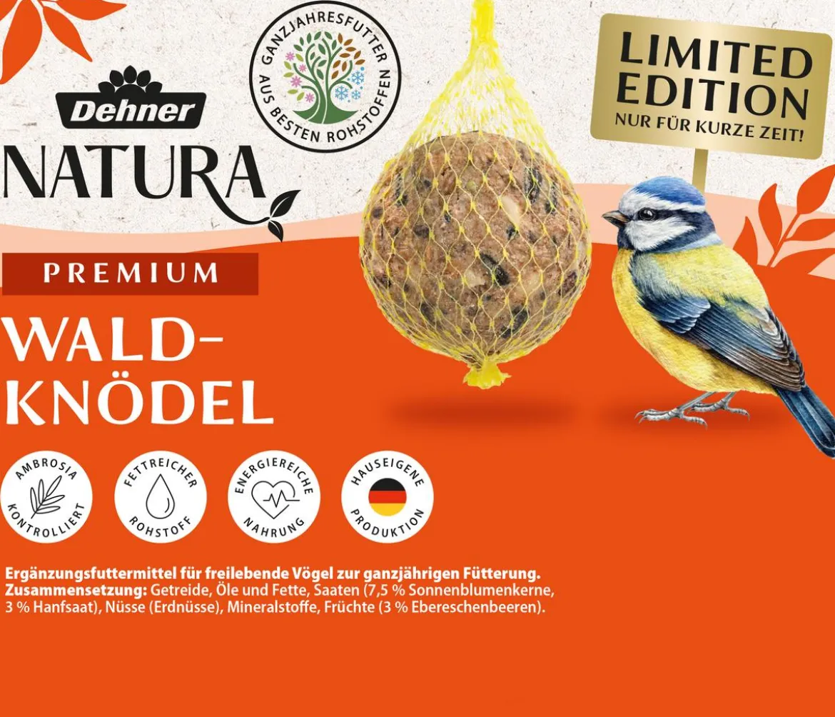 Dehner Natura Premium Wildvogelfutter Wald-Meisenknödel im Eimer, mit Netz, 30 Stk.