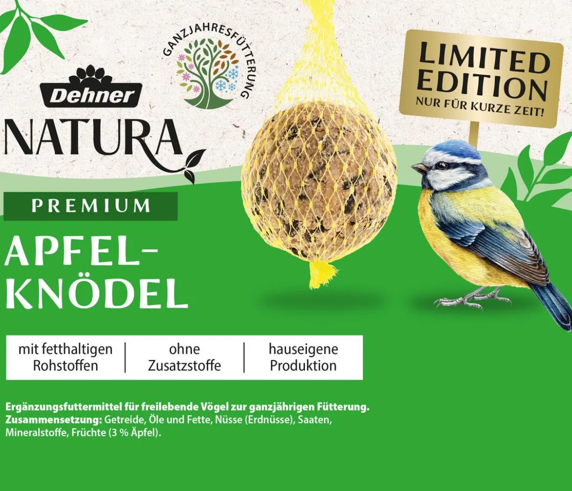 Dehner Natura Premium Wildvogelfutter Apfel-Meisenknödel im Eimer, mit Netz, 30 Stk.