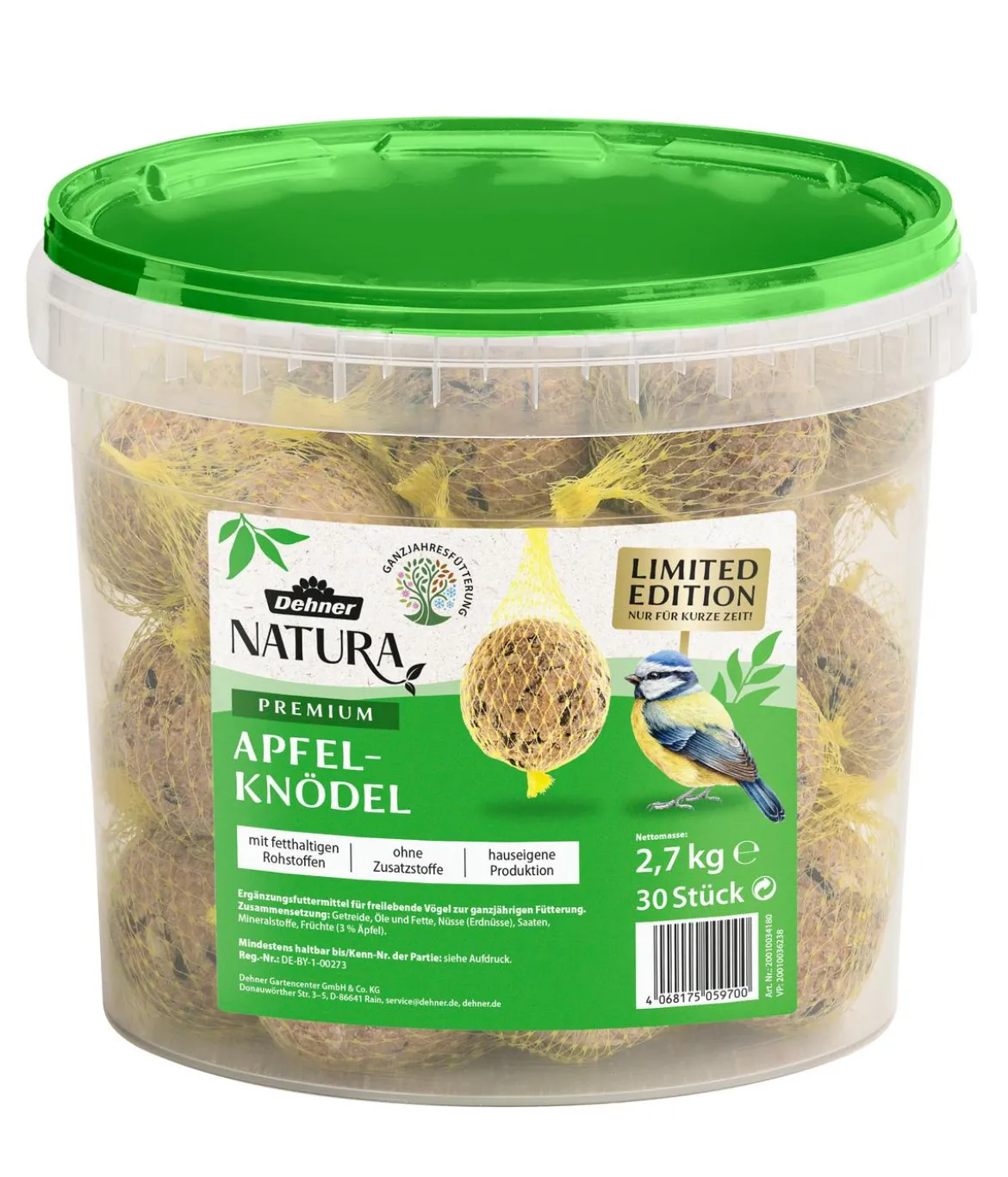 Dehner Natura Premium Wildvogelfutter Apfel-Meisenknödel im Eimer, mit Netz, 30 Stk.