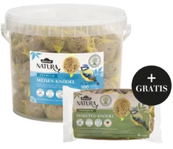 Dehner Natura Premium Wildvogelfutter Meisenknödel im Eimer, mit Netz, 100 Stk. + Gratis Insekten-Meisenknödel, mit Netz, 6 Stk.