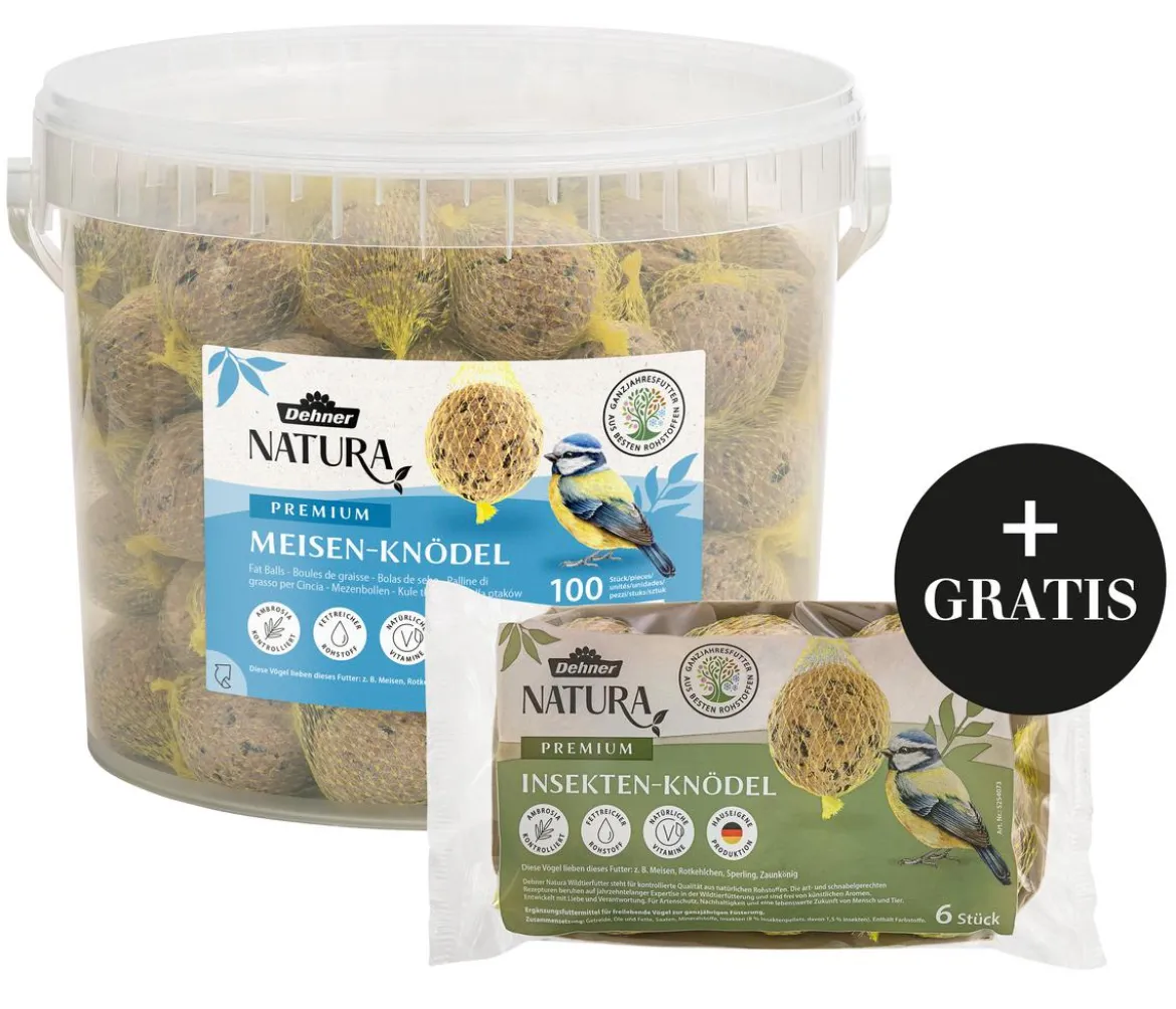 Dehner Natura Premium Wildvogelfutter Meisenknödel im Eimer, mit Netz, 100 Stk. + Gratis Insekten-Meisenknödel, mit Netz, 6 Stk.