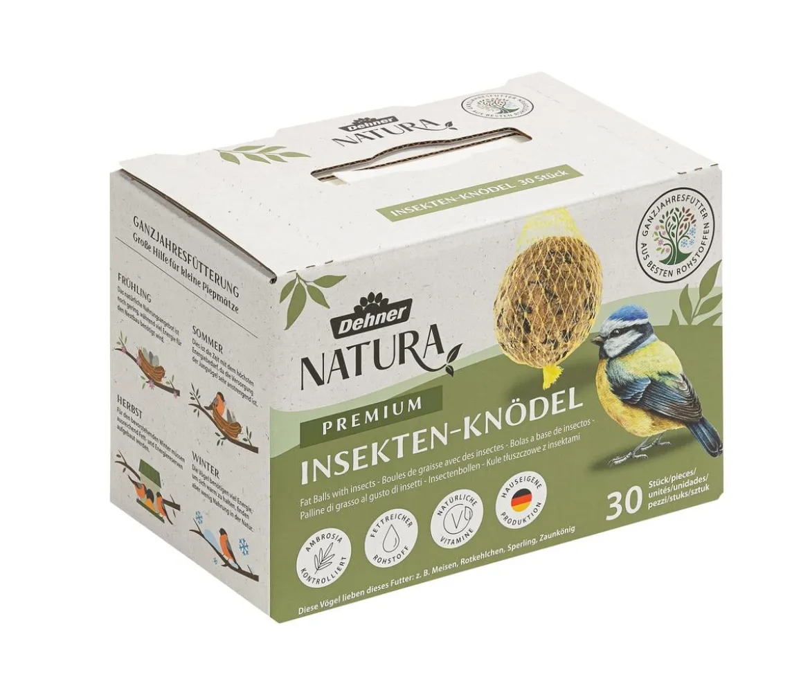 Dehner Natura Premium Wildvogelfutter Insekten-Meisenknödel im Karton, mit Netz, 30 Stk.