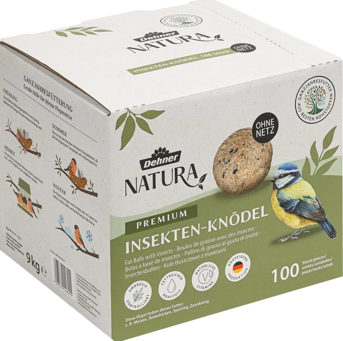 Dehner Natura Premium Wildvogelfutter Insekten-Meisenknödel im Karton, ohne Netz, 100 Stk.