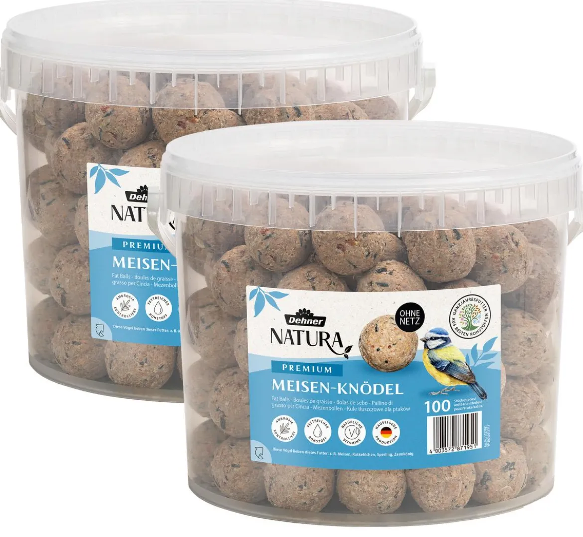 Dehner Natura Premium Wildvogelfutter Meisenknödel im Eimer, ohne Netz