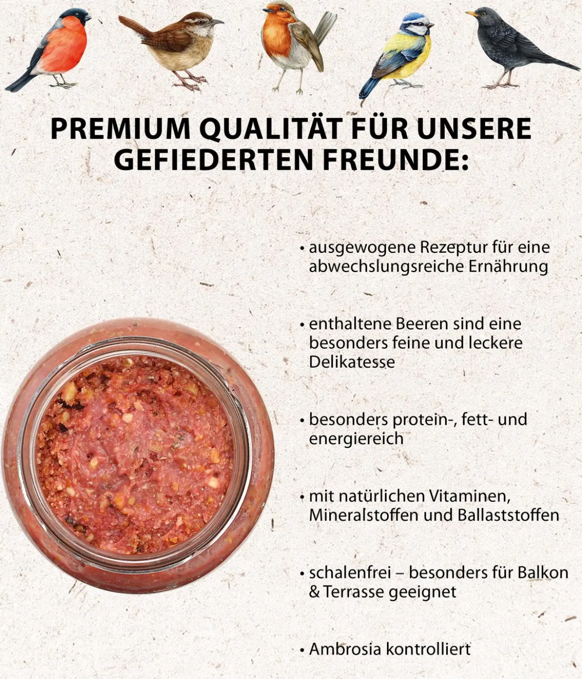 Dehner Natura Premium Wildvogelfutter Erdnussbutter im Glas, Beeren, 8 x 340 g