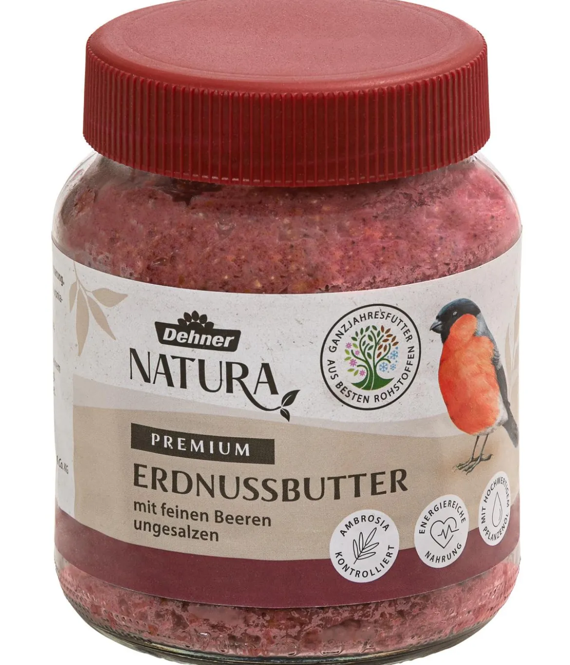 Dehner Natura Premium Wildvogelfutter Erdnussbutter im Glas, Beeren, 8 x 340 g