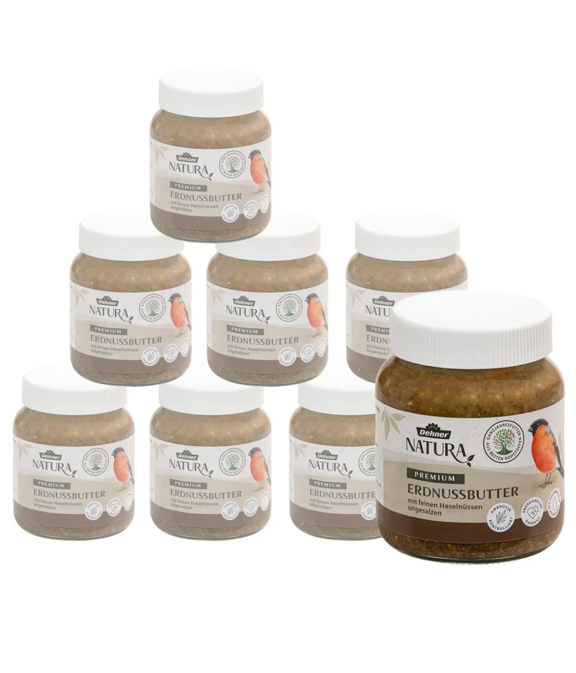 Dehner Natura Premium Wildvogelfutter Erdnussbutter im Glas, Haselnuss, 8 x 340 g