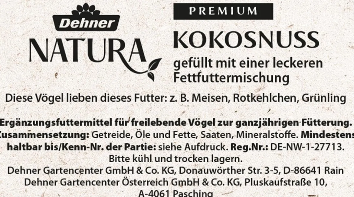 Dehner Natura Premium Wildvogel Kokosnuss mit Fettfuttermischung
