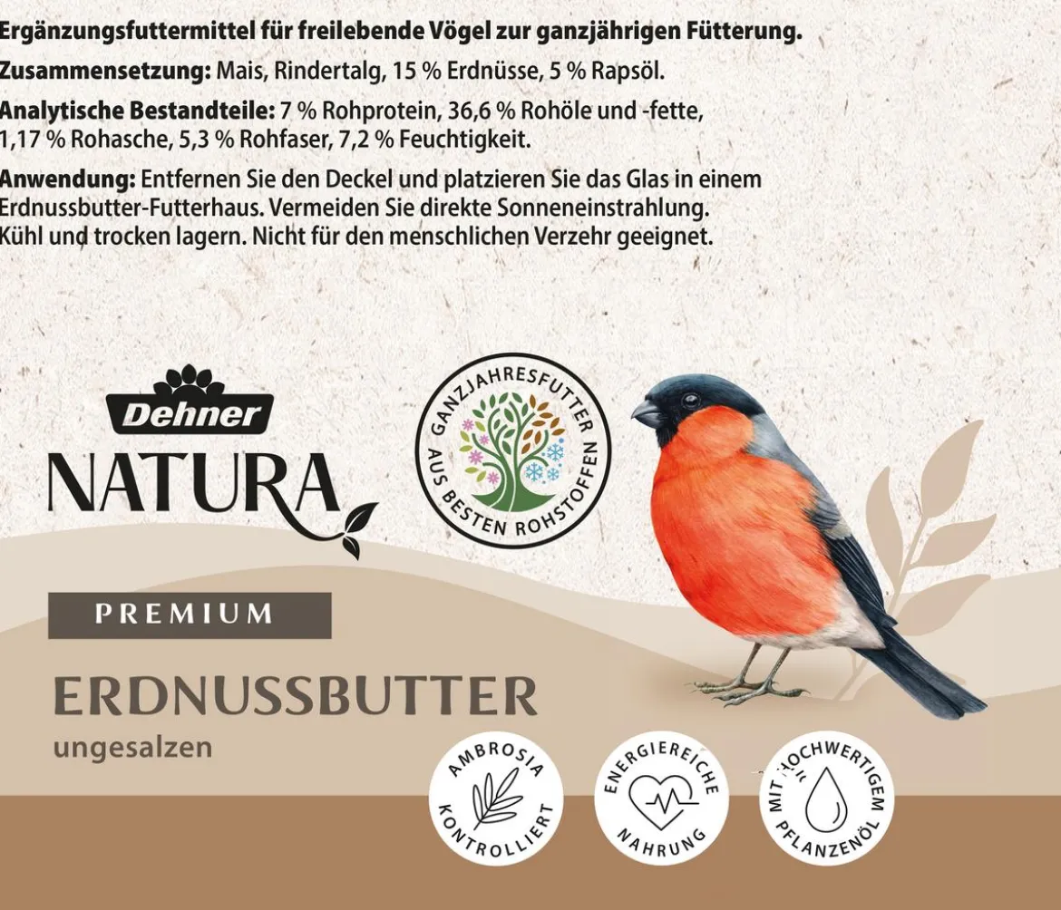 Dehner Natura Premium Wildvogelfutter Erdnussbutter im Glas, 3 x 2 Stk.