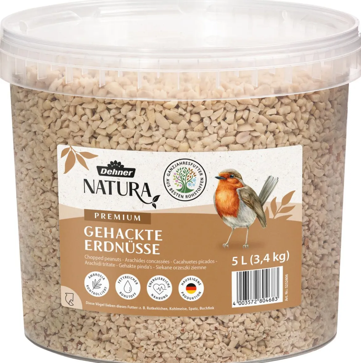 Dehner Natura Premium Wildvogelfutter Gehackte Erdnüsse im Eimer, 5 l