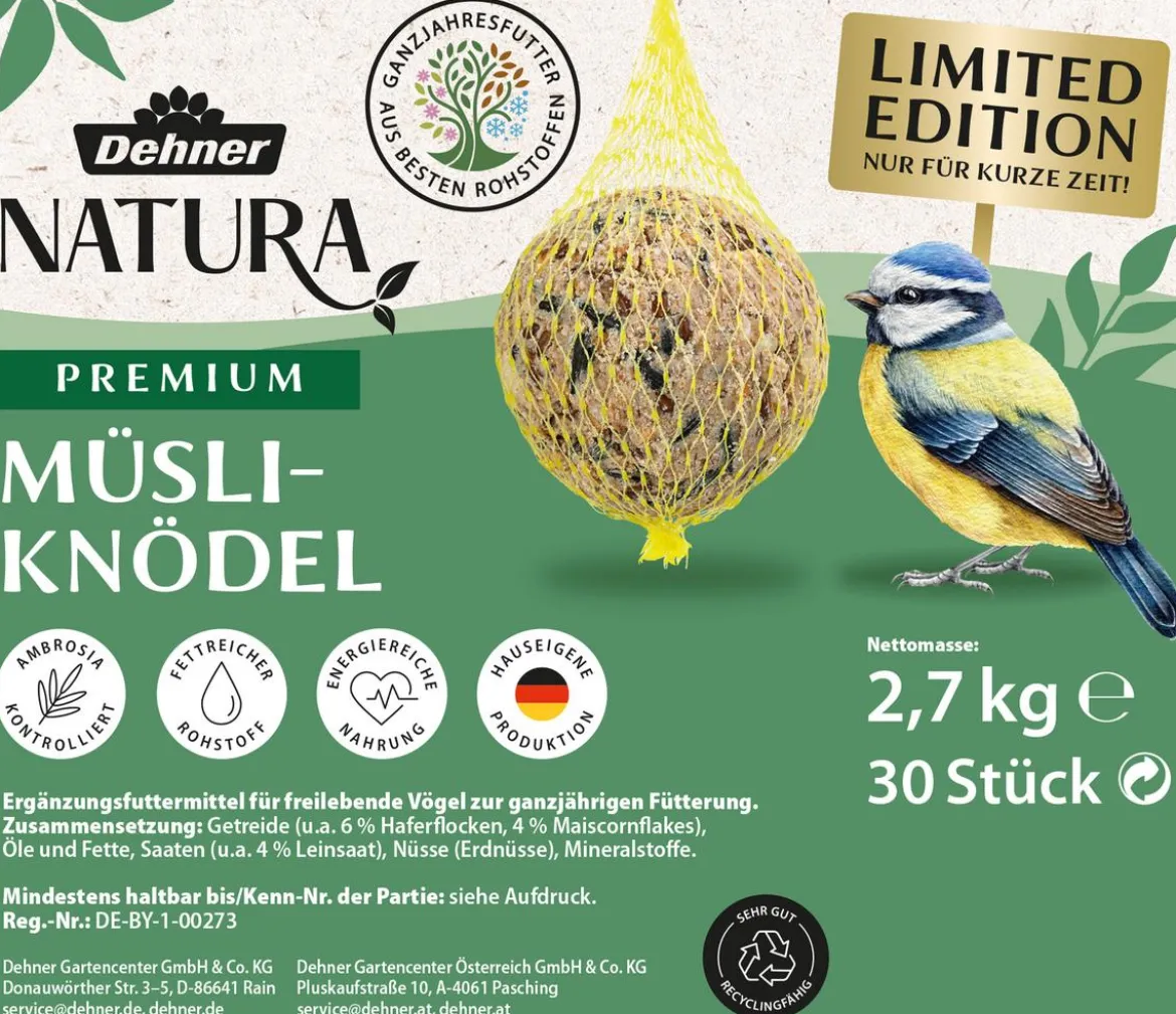 Dehner Natura Premium Wildvogelfutter Müsli-Meisenknödel im Eimer, mit Netz, 30 Stk.