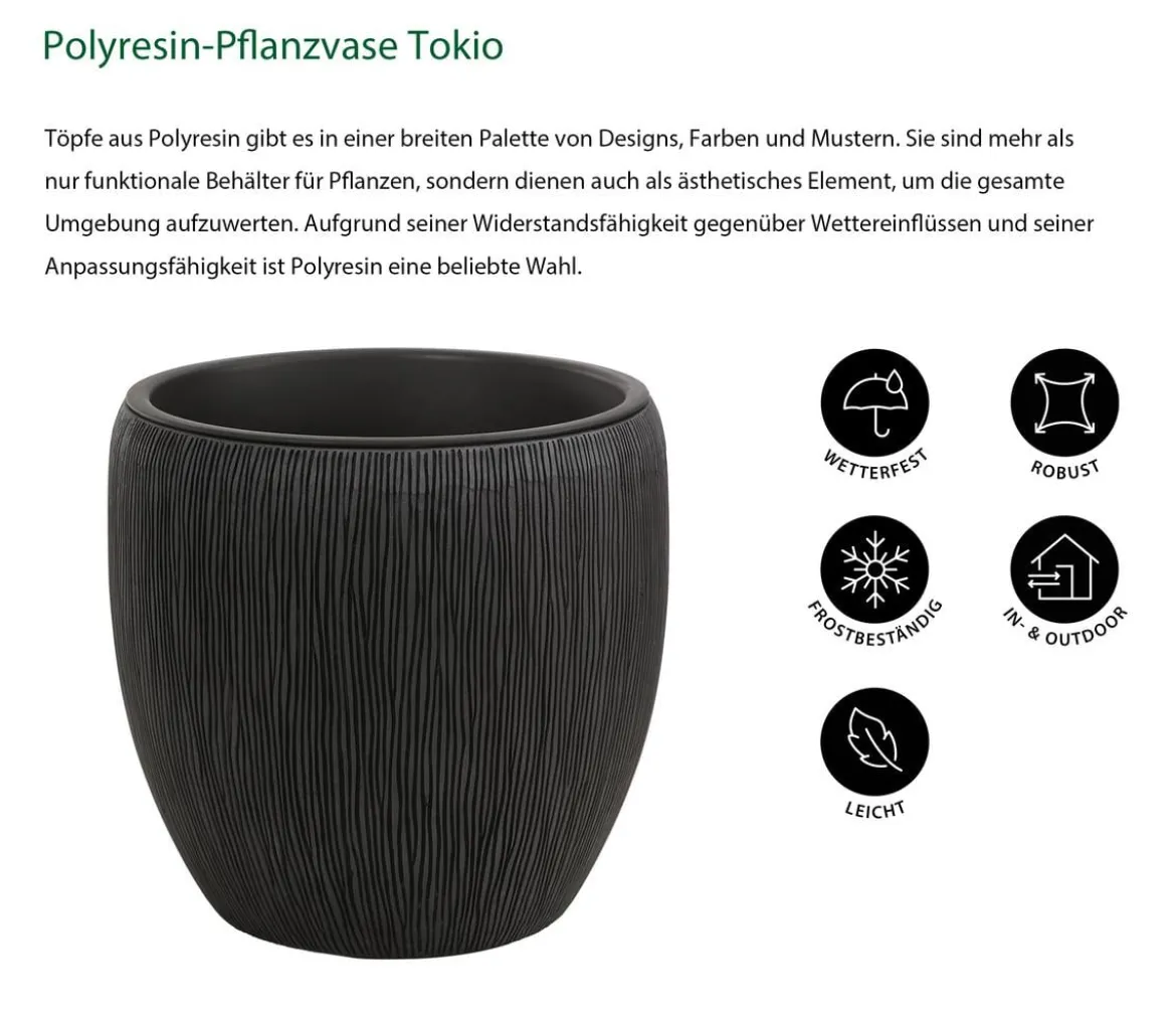 Dehner Polyresin-Pflanzvase Tokio in Riffeloptik, rund, grau