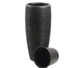 Dehner Polystone-Pflanzvase Singapur in Riffeloptik, rund, anthrazit