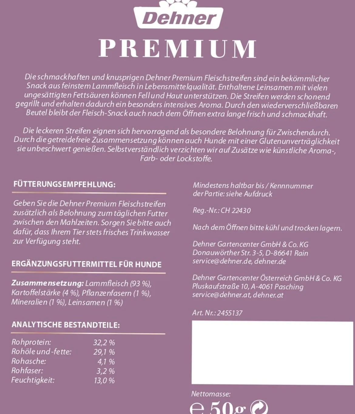 Dehner Premium Hundesnack Fleischstreifen, Lamm, 50 g