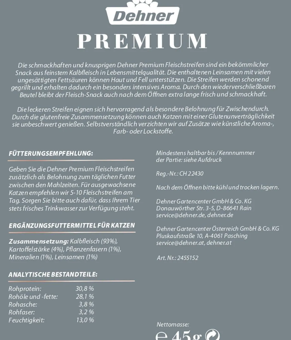 Dehner Premium Katzensnack Fleischstreifen, Kalb, 45 g