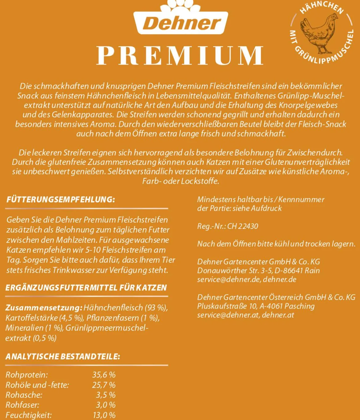 Dehner Premium Katzensnack Fleischstreifen, Hähnchen, 45 g