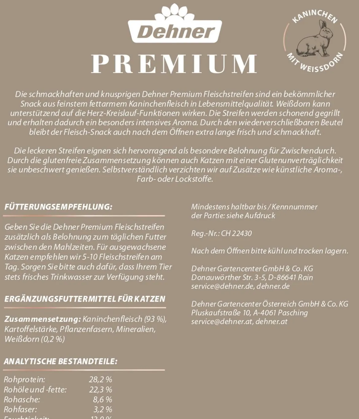 Dehner Premium Katzensnack Fleischstreifen, Kaninchen mit Weißdorn, 45 g