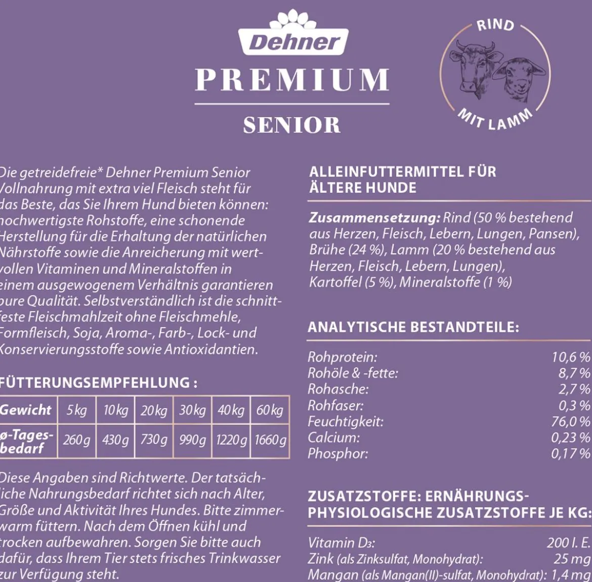 Dehner Premium Nassfutter für Hunde Senior, Rind mit Lamm