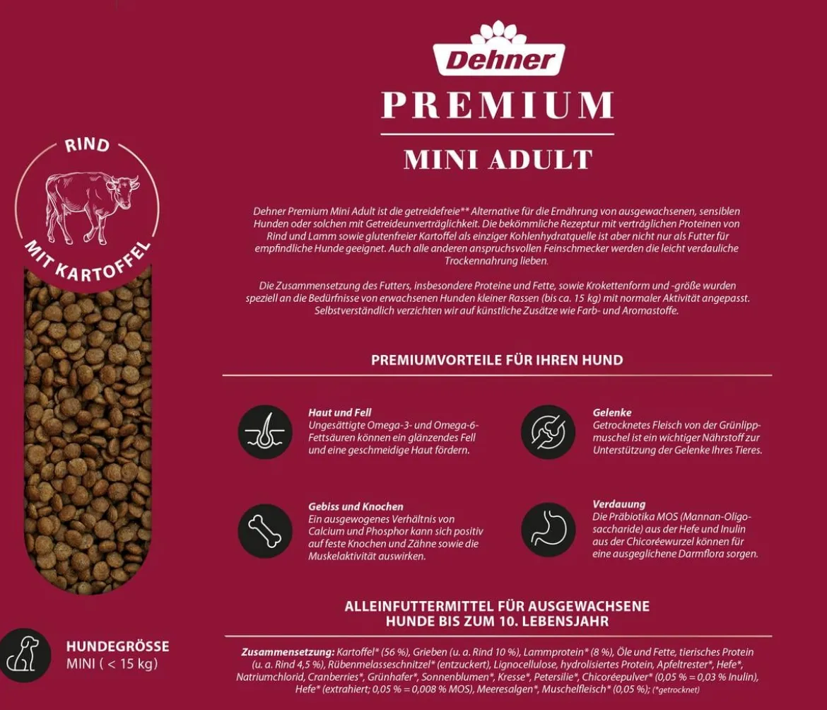 Dehner Premium Trockenfutter für Hunde Mini Adult, Rind & Kartoffel