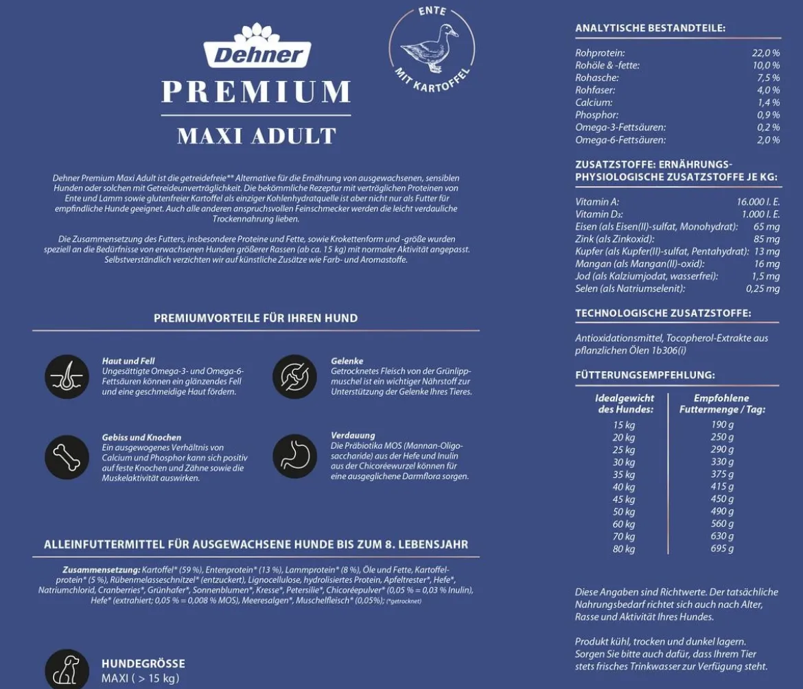 Dehner Premium Trockenfutter für Hunde Maxi Adult, Ente & Kartoffel